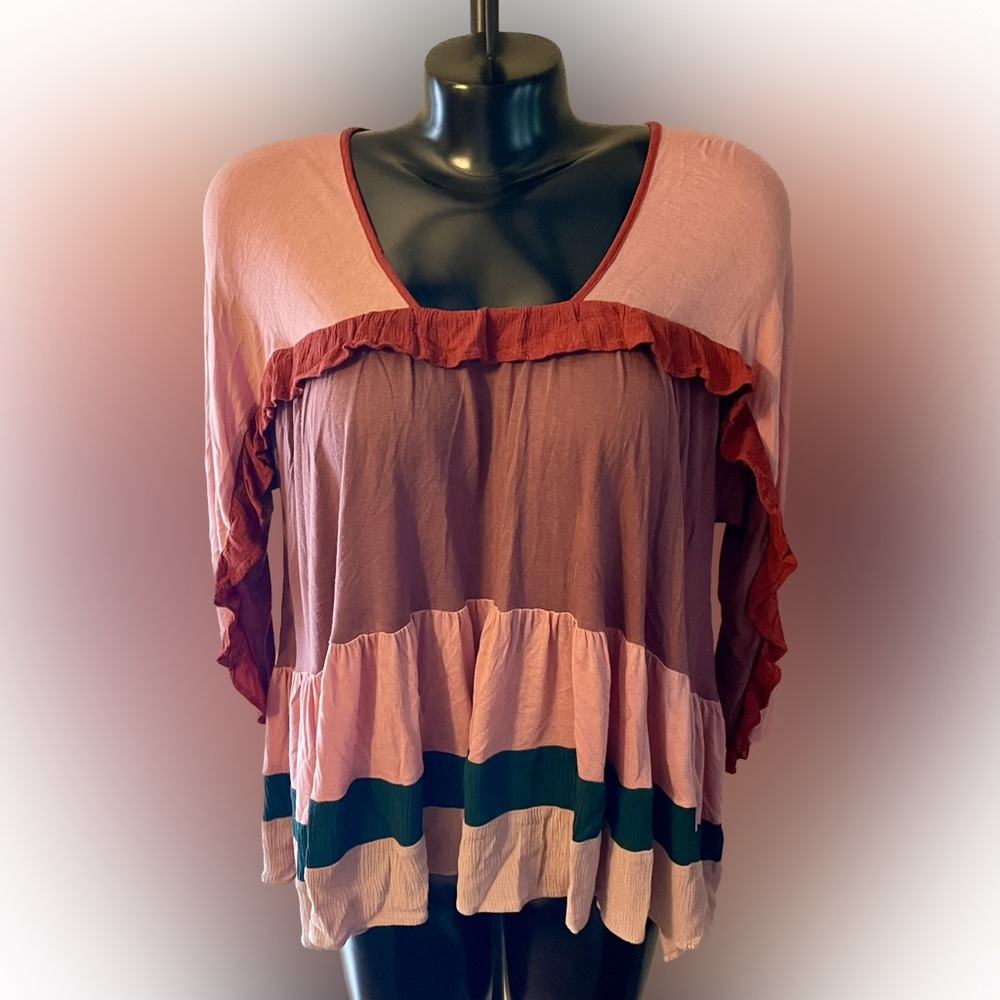 Anthropologie Meadow Rue Pink Babydoll Ruffle Top XS extra small